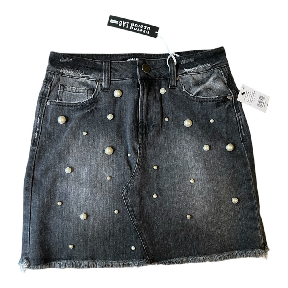 NWT Y2K 2000s Charcoal Wash Faded Frayed Mini Skirt Pearl Embellishments Size 26